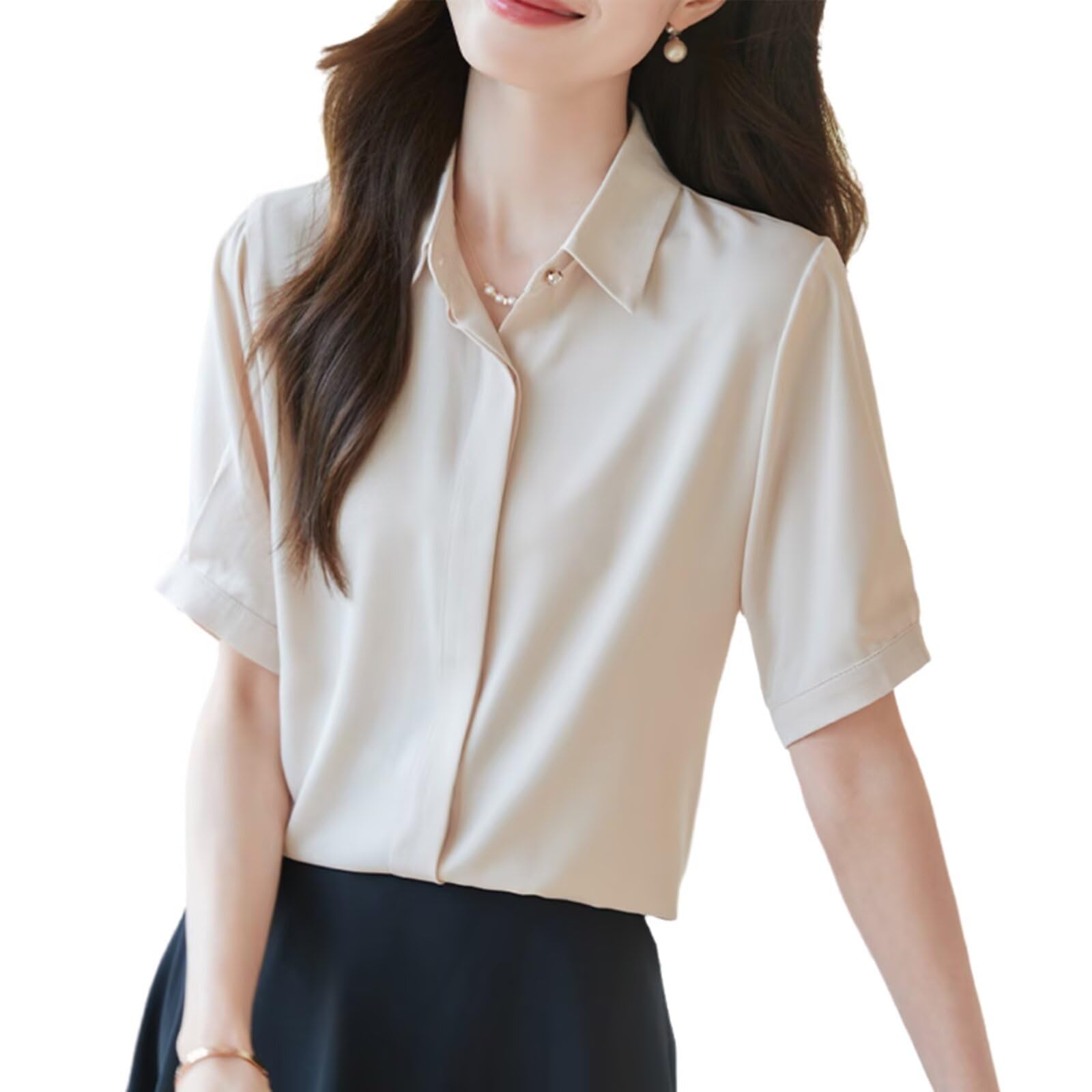 HNVAVQ Klassische Damen Seidenbluse Kurzarm Button Down Hemd Business Büro Arbeitskleidung