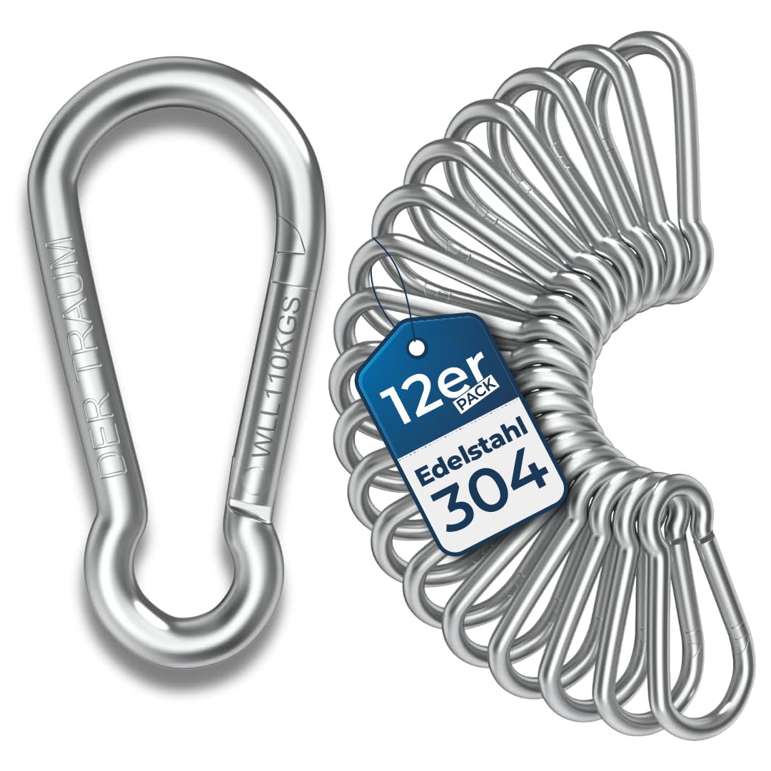 Der Traum Pack of 12 Stainless Steel Carabiner Hooks, 5 x 50 mm, Carabiner with Load Capacity of 110 kg, Ideal for Key Chains, Camping, Hiking, Travel, Fishing, Backpack (Silver)