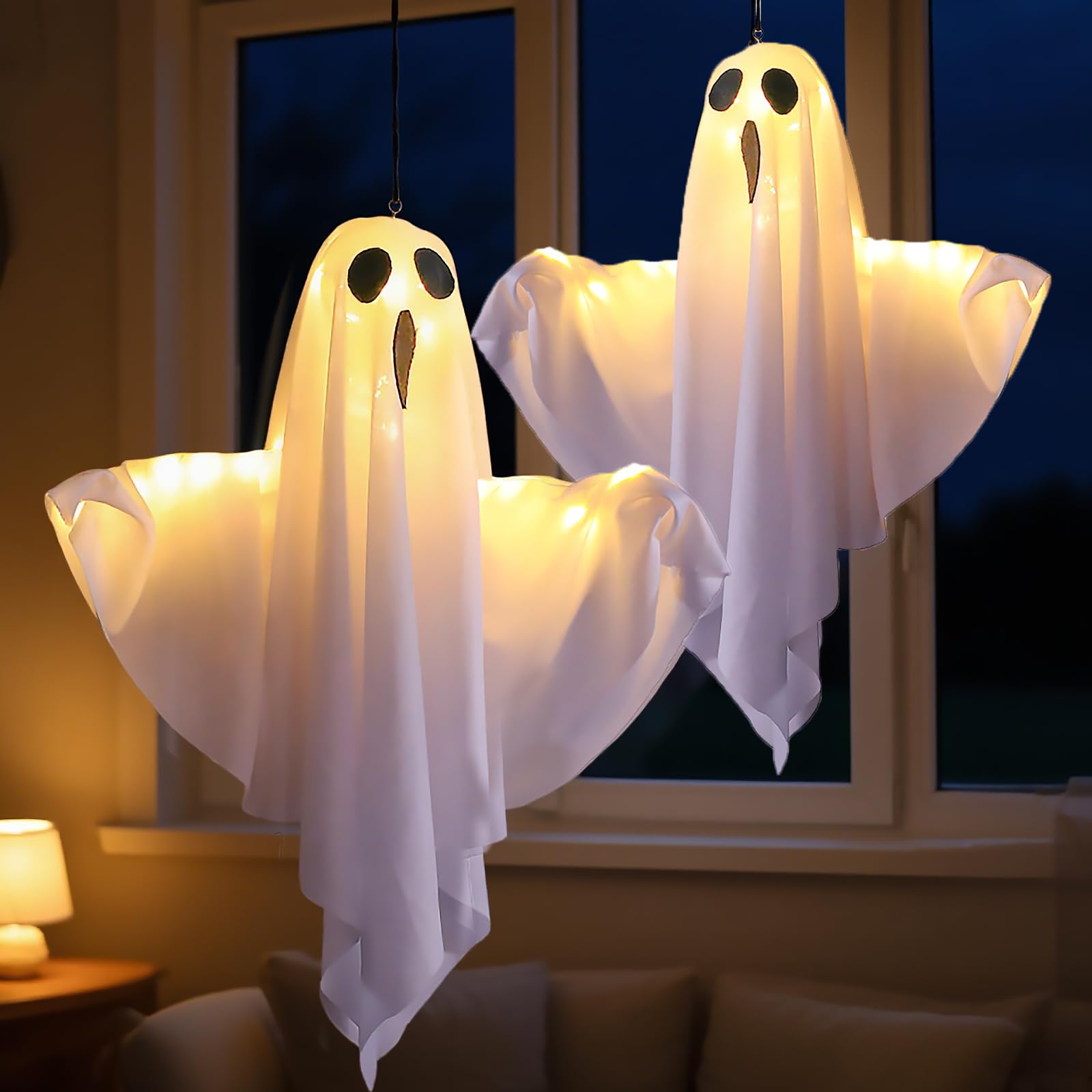 Decoración de Halloween con espíritus LED [Set de 2] - Saco de viento espeluznante móvil con 3 modos de luz LED, decoración para interiores y exteriores de jardín, ventanas, patio, porche