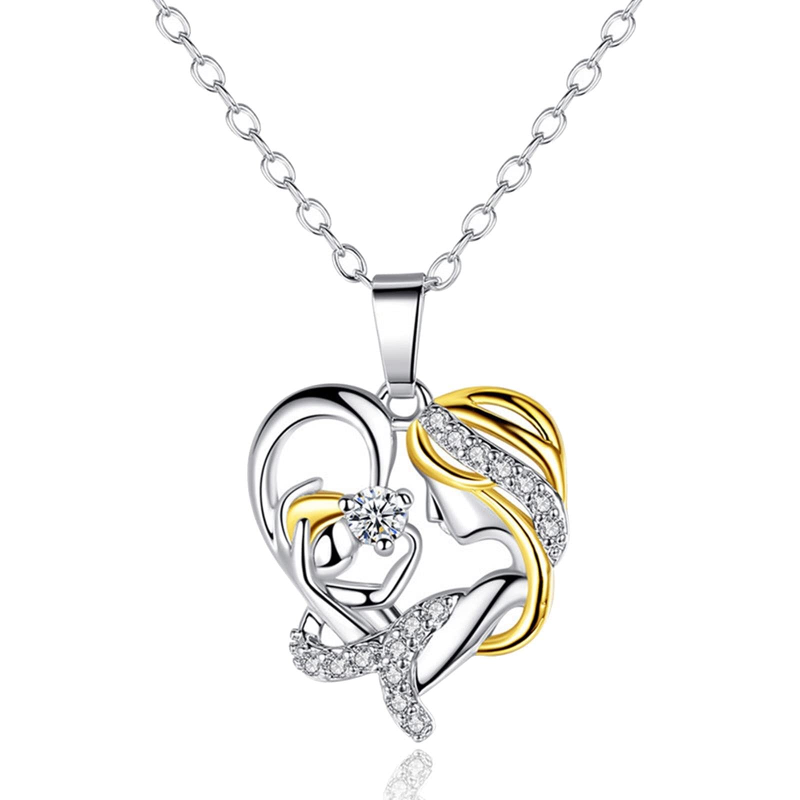 Halskette Damen Weissgold, Damen Halskette Silber Gold 18K Mutterherz mit Diamant Geschenk Zum Muttertag