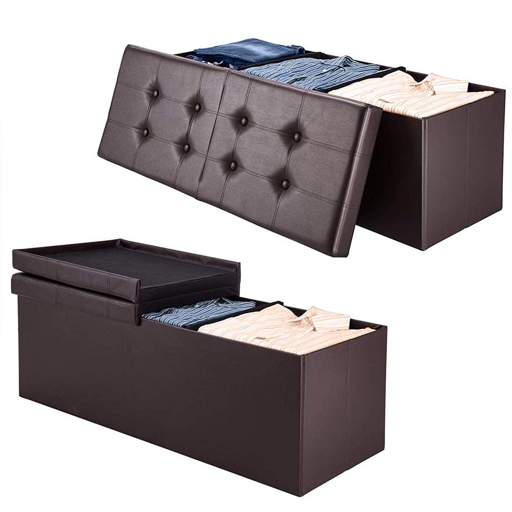 BAKAJI Baúl otomano, contenedor, reposapiés, para Dormitorio, Banco, Taburete, Estructura Plegable, Revestimiento de Piel sintética, Asiento extraíble Acolchado, tamaño 38 x 115 cm (marrón)