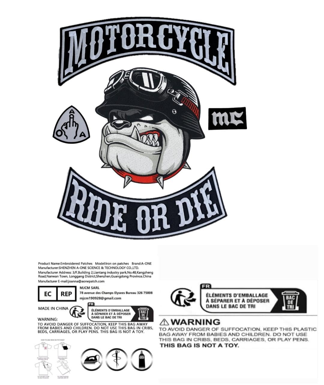 Juego de 5 parches bordados termoadhesivos para motocicleta, diseño de bulldog bordado en Pilot Motorcycle, para chaleco de moto, para decorar ropa de moto, chaleco DIY