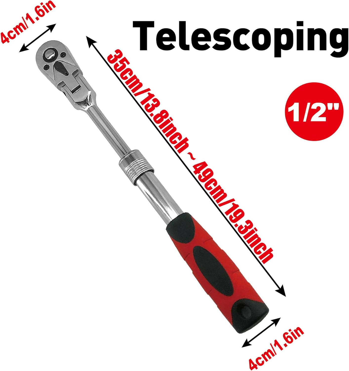 MacWork 1/2-Inch Drive Telescoping Ratchet, 72 Teeth Quick-Release, Reversible Flex Head, 1 Pack