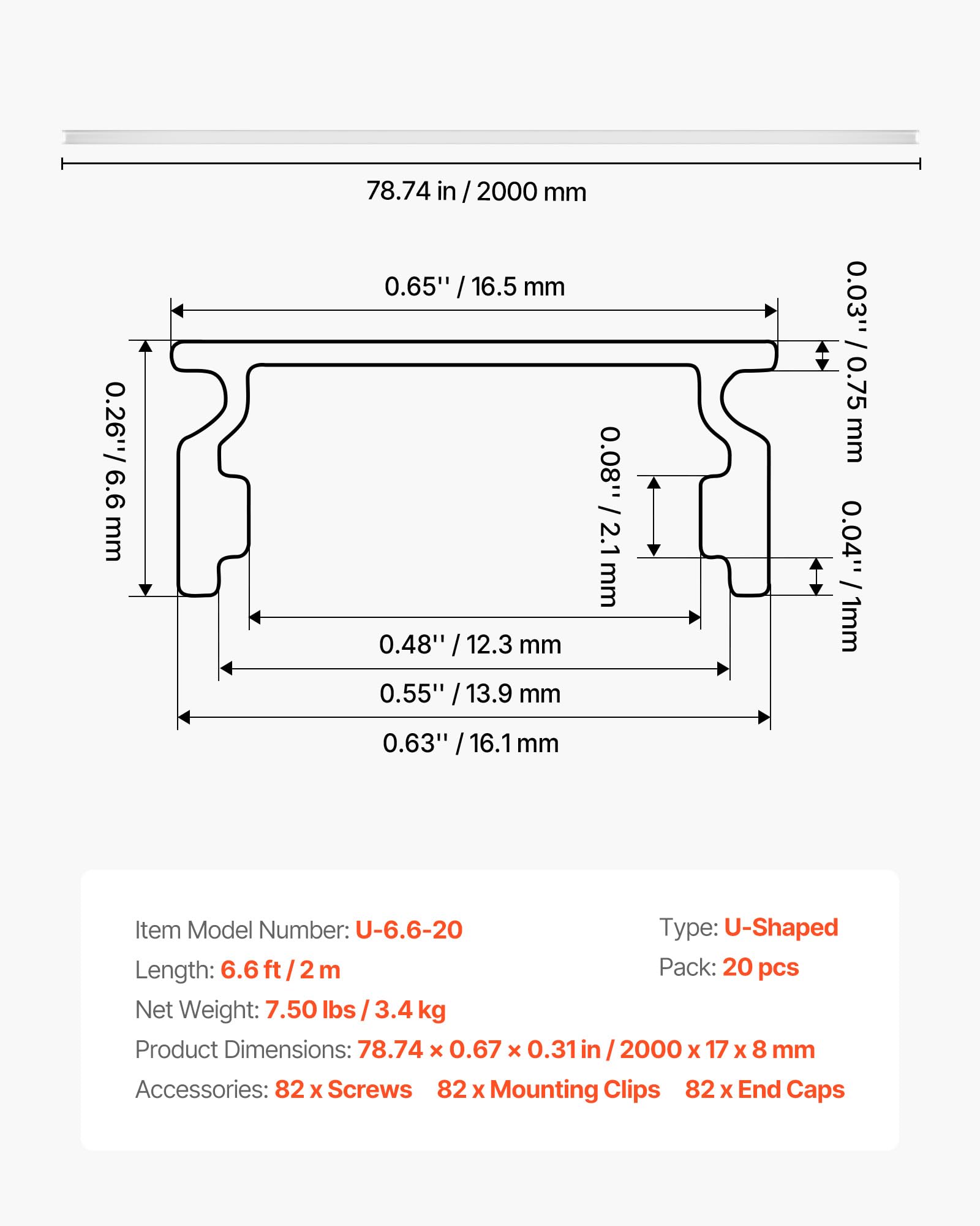 VEVOR Profil aluminiowy do taśmy LED 2 metry, opakowanie 20 sztuk, kanał LED z dyfuzorem opal zaślepki i klipsy montażowe, dekoracja światła do sypialni kuchni salonu