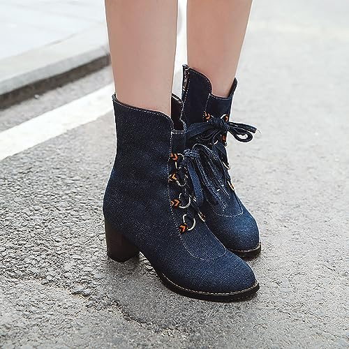 Women's Denim Lace up Mid-Calf Booties,Retro Chunky Heel Side Zipper Office Work Mid Heel Anti-Slip Bootie Winter Dress Chelsea Short Boots Classic Snow Boots4