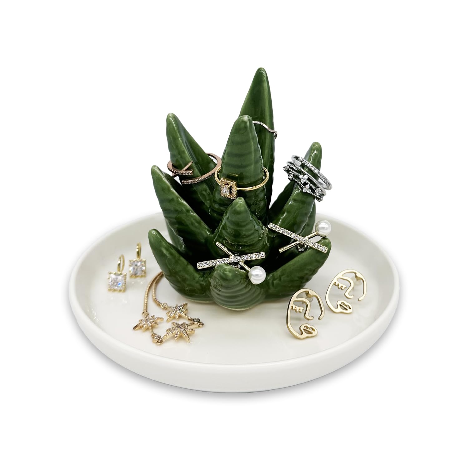 mono living Aloe Jewelry Holder & Ceramic Ring Dish – Green Succulent Decor for Kitchen Sink or Vanity – Unique Engagement, Birthday, or Mother’s Day