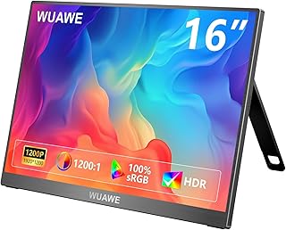 WUAWE Portable Monitor 16" 1920x1200P 16:10 IPS Travel Monitor for Laptop with Built-in Stand, 100% sRGB Control USB-C HDMI,HDR Freesync Display, Plug&Play for Phone PS5 Switch(Black)