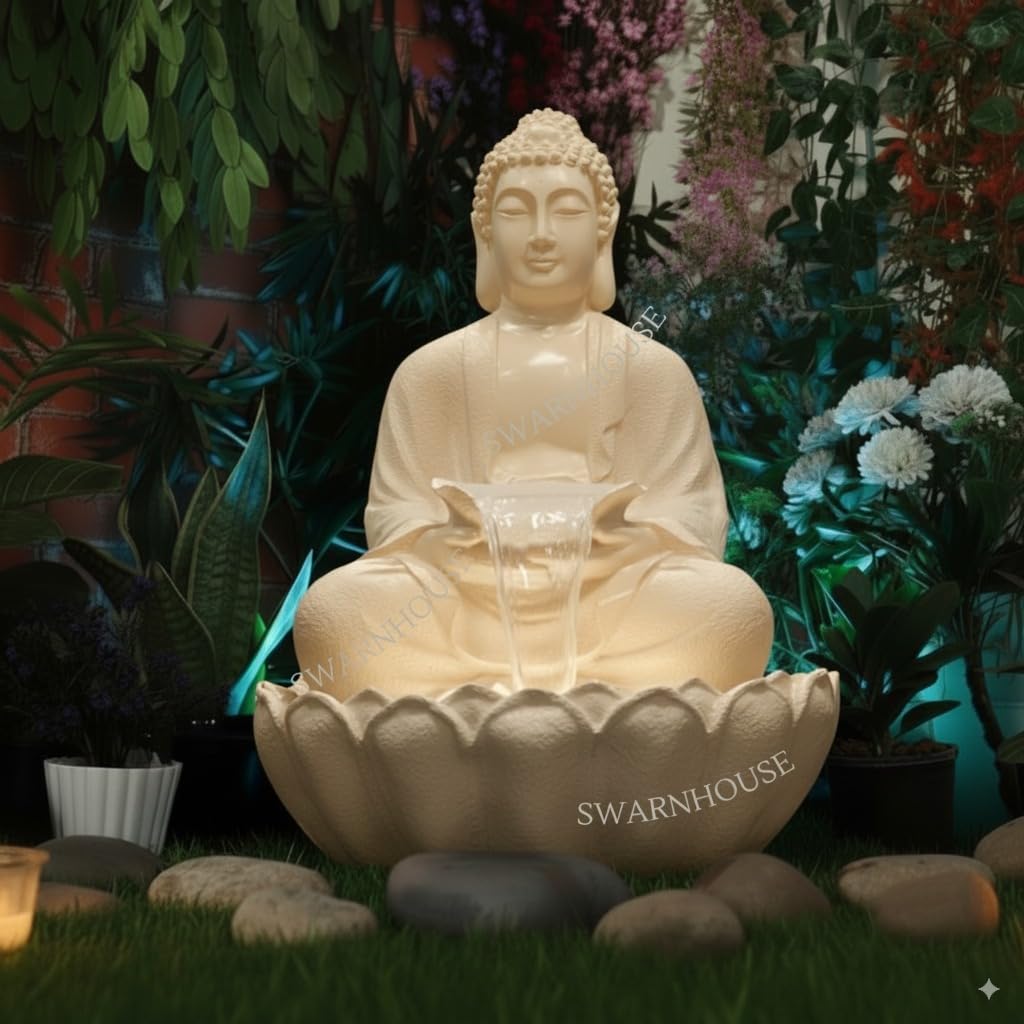 Swarn House Decor's Fiberglass Buddha Lotus Water Fountain With Light, 91 Cm, Decorative Outdoor Garden Fountain For Home And Office 3 Feet (Cream)