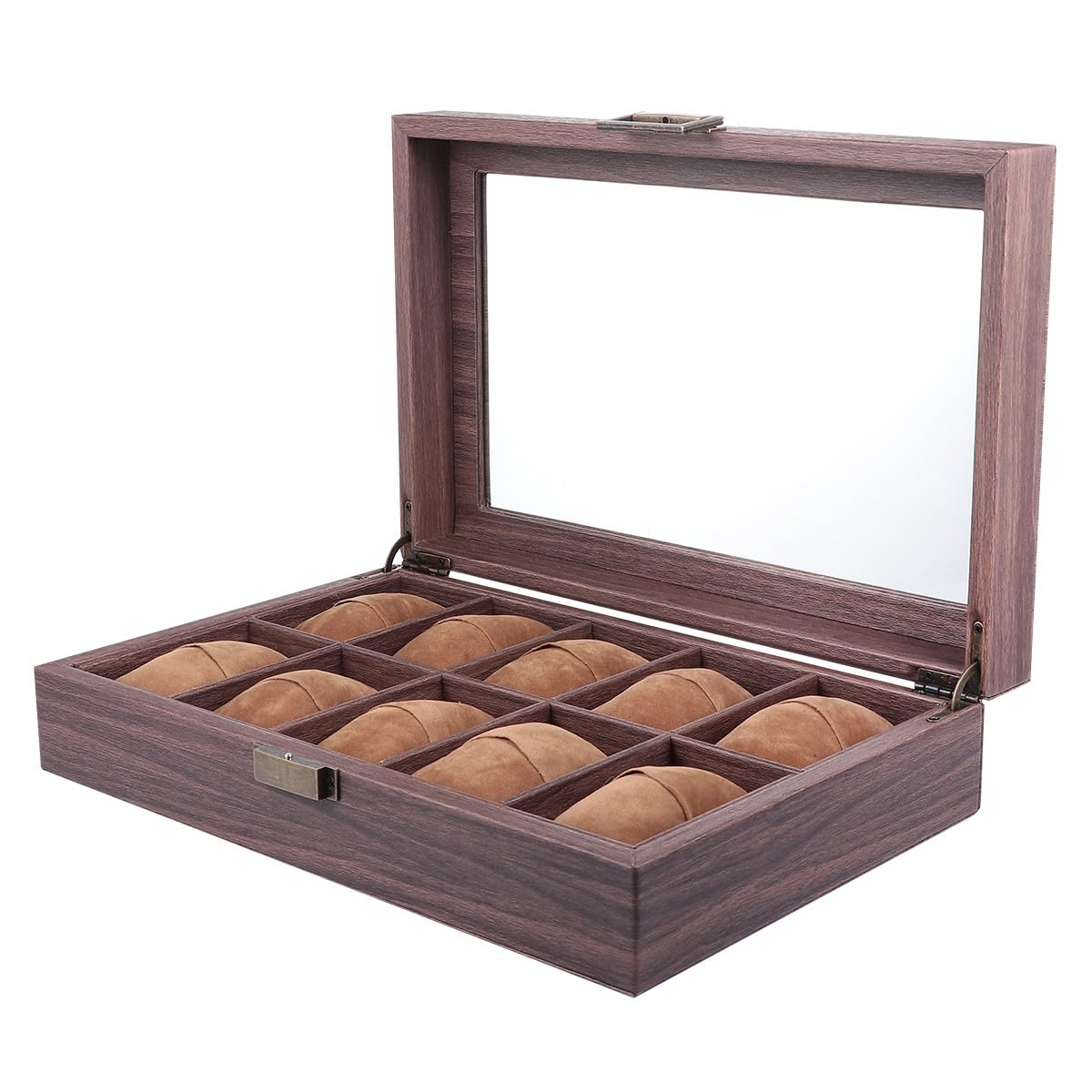 Scatola Porta Orologi 10 Scomparti in Pelle Pu Effetto Legno, Coperchio Trasparente per Facile Identificazione, per Uso Personale e Professionale