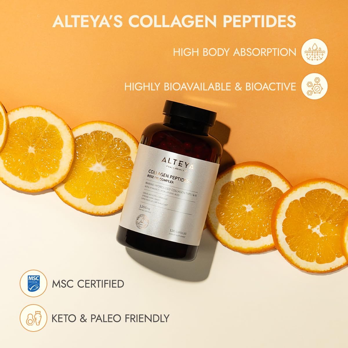 Alteya Organics Collagen Peptides & Rose Oil Complex – Beauty Supplement with 3200mg Marine Hydrolyzed Collagen Type I & III, Vitamin C & Hyaluronic Acid – Skin, Hair, Nail & Joint Support