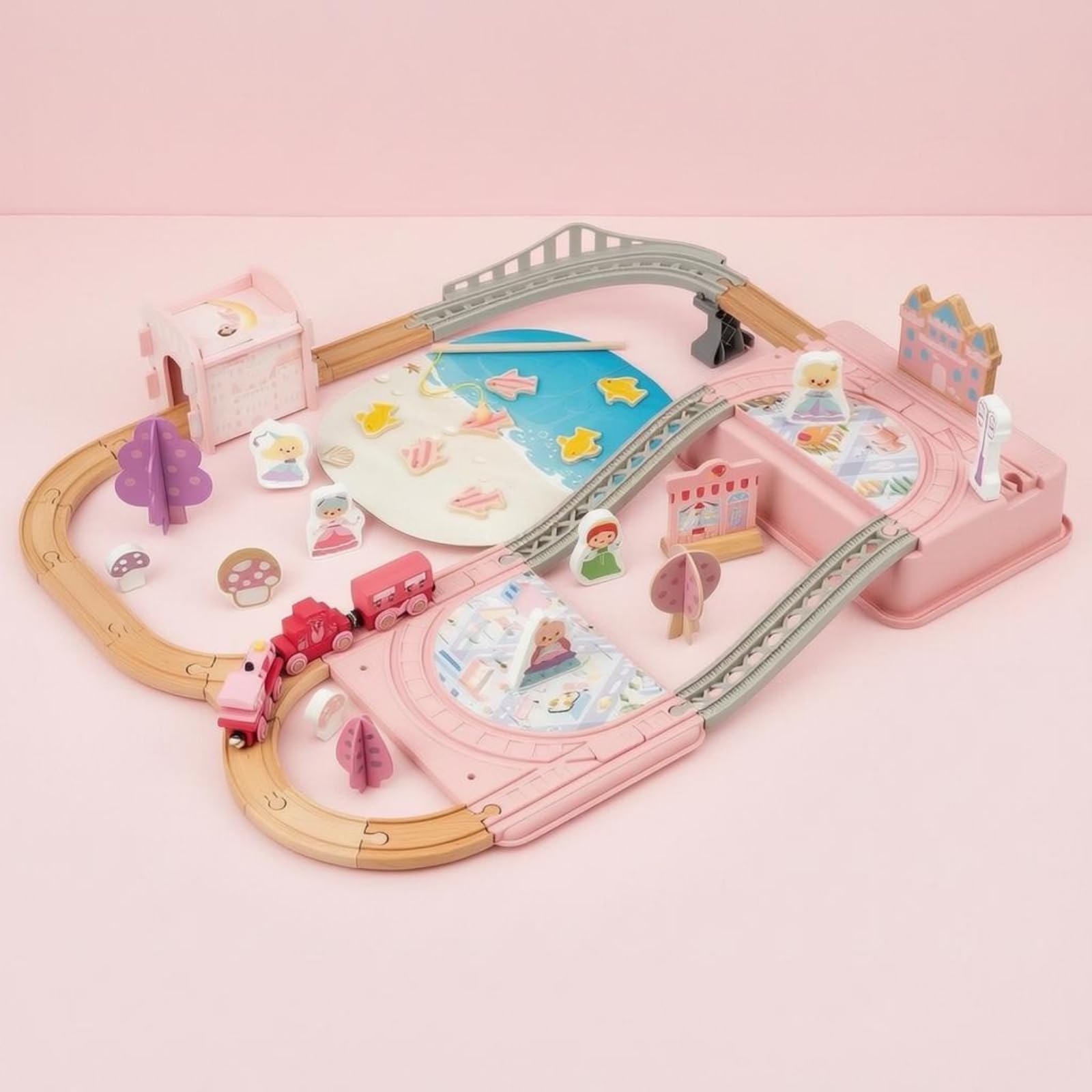 Kinder Aufbaustrecke Holz Eisenbahnset Spielbahn Kinderzug Spielset Holzstrecke Zum Zusammenstecken mit Brückenabschnitten Und Märchenszene für Freies