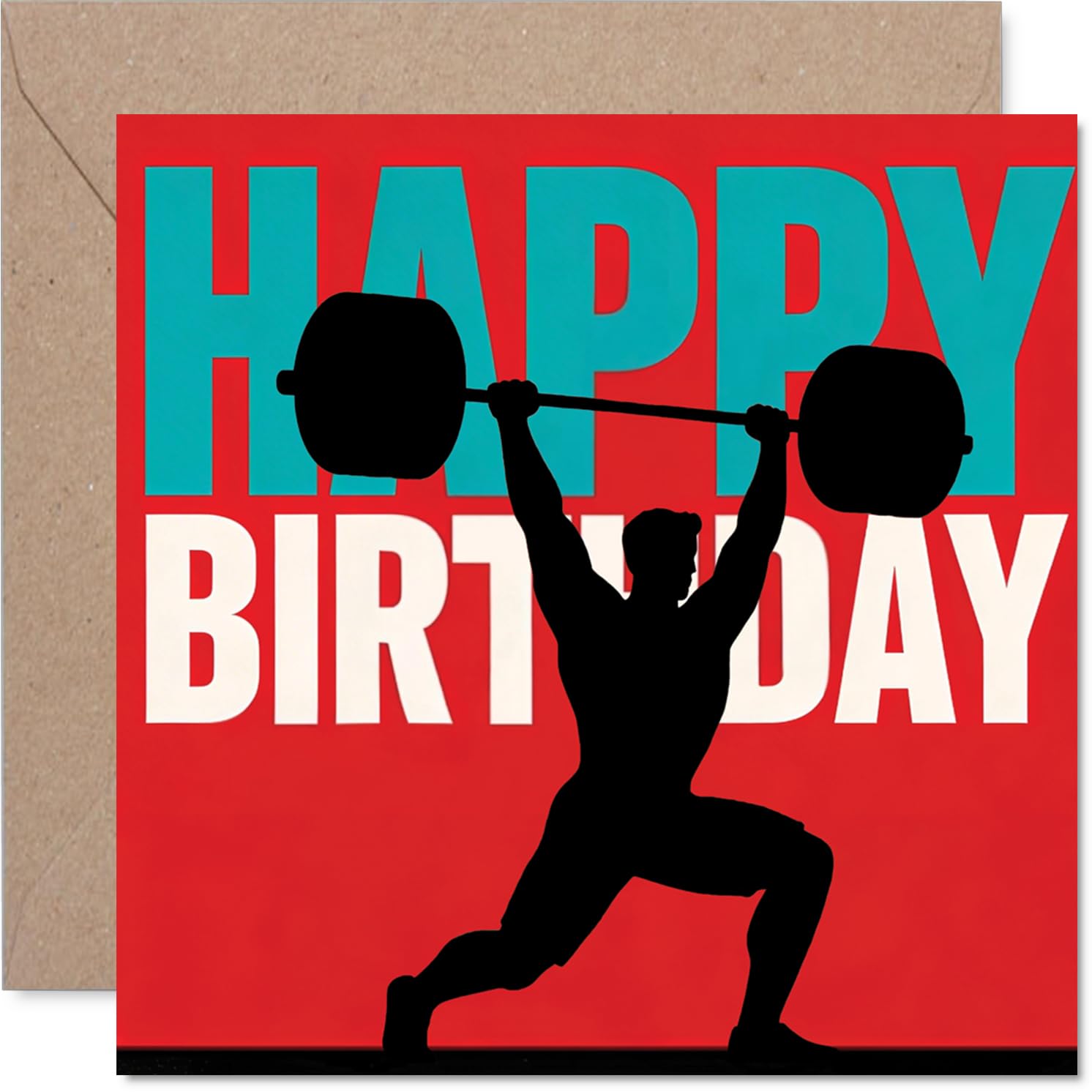 Playful Birthday Card - Raise the Bar on Their Birthday - Bold Weightlifter Silhouette Against Vibrant Red - Celebratory Fitness-inspired Fun - 145mm Square, Envelope Included