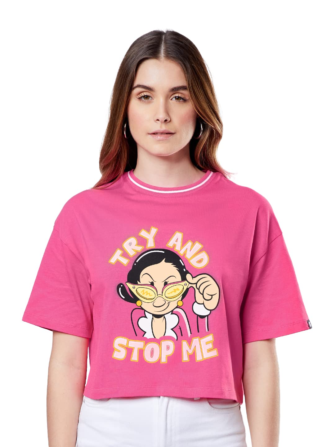 The Souled Store|Official Popeye: Try and Stop Me Women and Girls T-Shirts|Half Sleeve|Loose Fit Graphic Printed|Round Neck 100% Cotton Pink Women Oversized Crop Tops