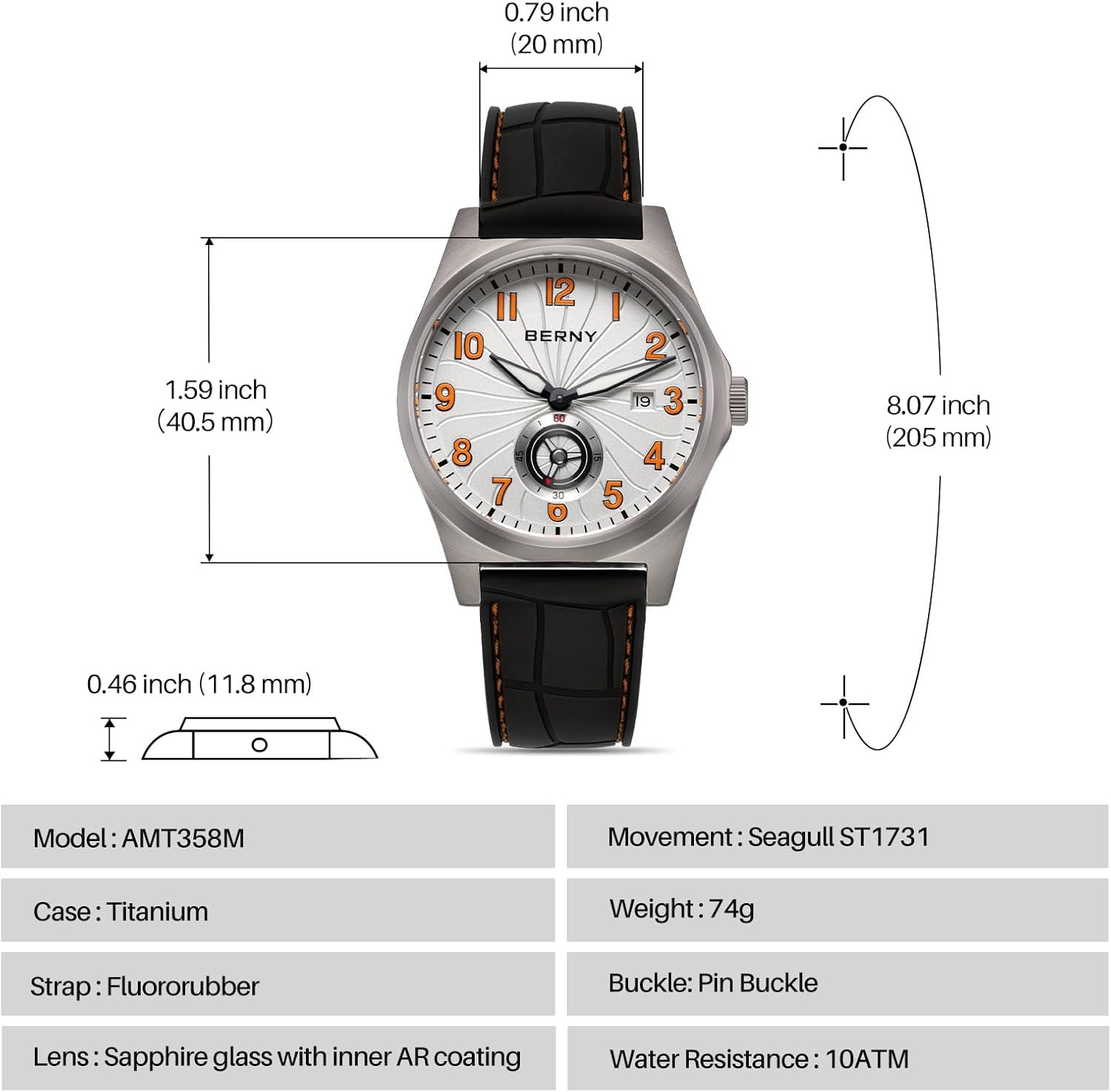 BERNY Automatic Titanium Watch for Men 100M Waterproof Fashion Men's Watch Super Luminous Male Analog Mechanical Wrist Watch, AR Sapphire Glass Small Seconds Sub-dial Date Calender Birthday Present - Image 6