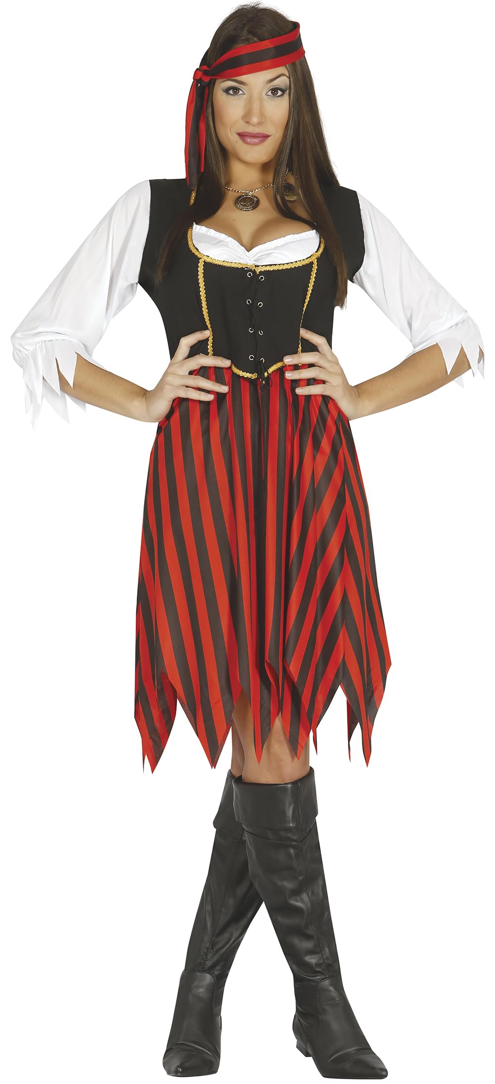FIESTAS GUIRCA | Overseas Pirate Fancy Dress for Women (14-16/L) - Shirt, Headband, Corset and Skirt - Corsair and Buccaneer Costumes for Halloween, Carnival and Fancy Dress Parties - Black and Red