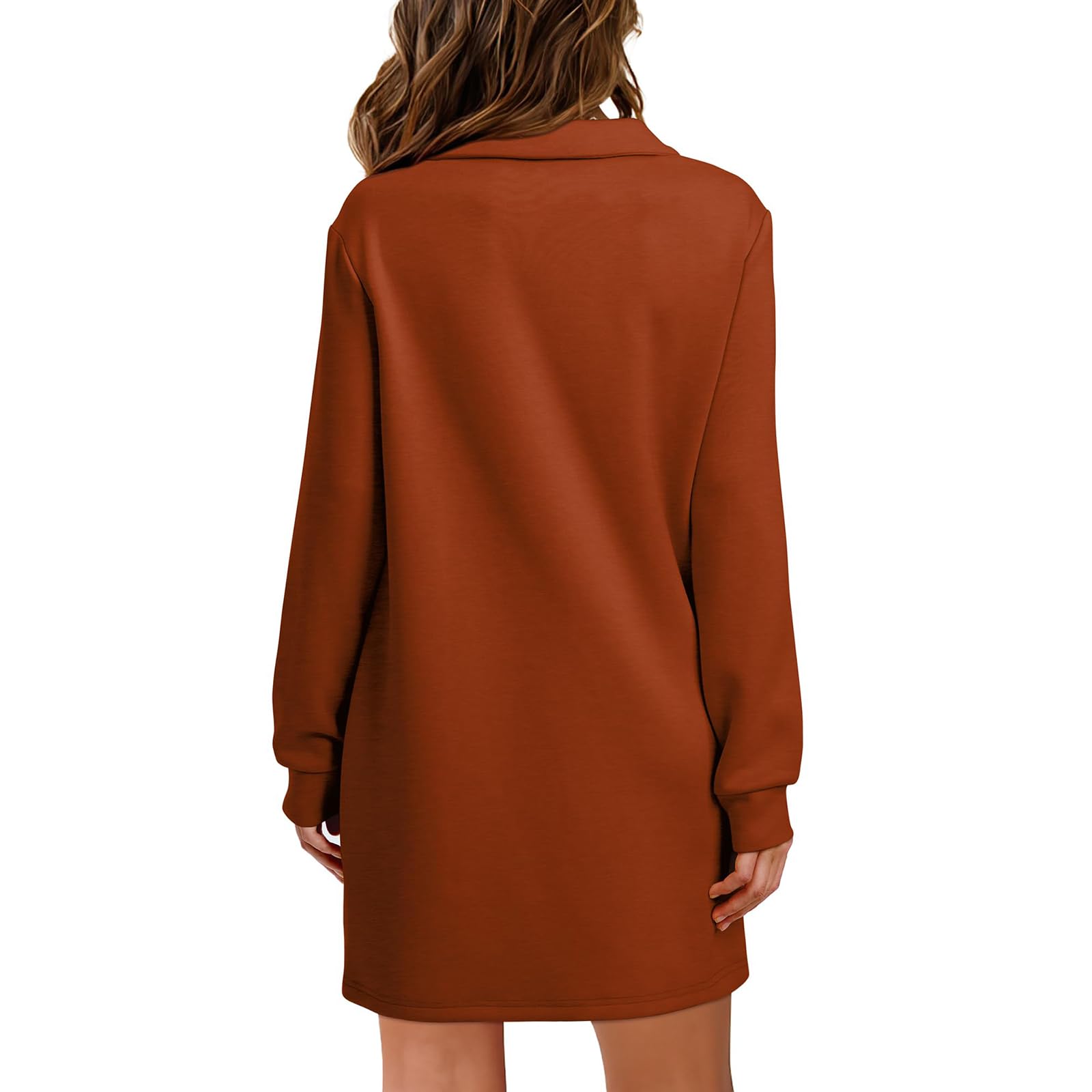 Robe Sweat-Shirt à Manches Longues et col en V pour Femmes, Robe Tunique à col en V, Robe Sweat-Shirt à col en V à Revers, Mini Robes décontractées de Couleur Unie à Coupe Ample (Caramel,S)