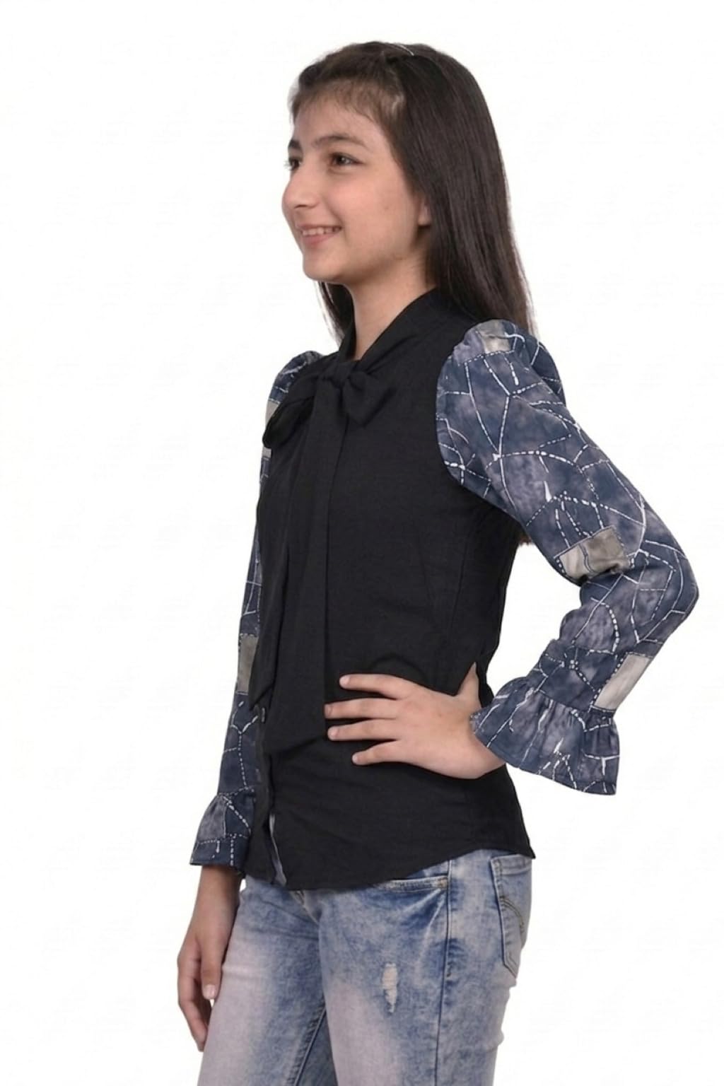 ORIEX THE ORIGINAL FASHION OX-Girls Tie Bow Neck Solid Color with Floral Print Sleeves top-74 Grey 13-14Y 1