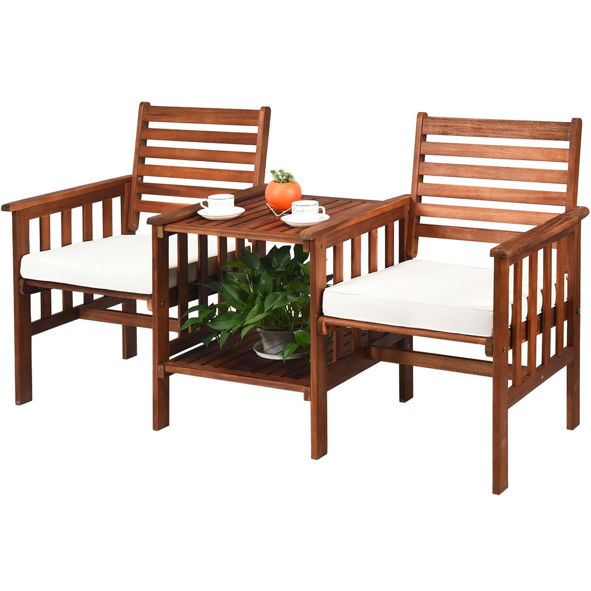 COSTWAY 2-Seater Garden Loveseat, Wooden Bench Seat with 2 Tier Coffee Table and Umbrella Hole, Outdoor Twin Patio Chairs Conversation Furniture Set (Natural+White, 165 x 65 x 88cm, with Cushions)