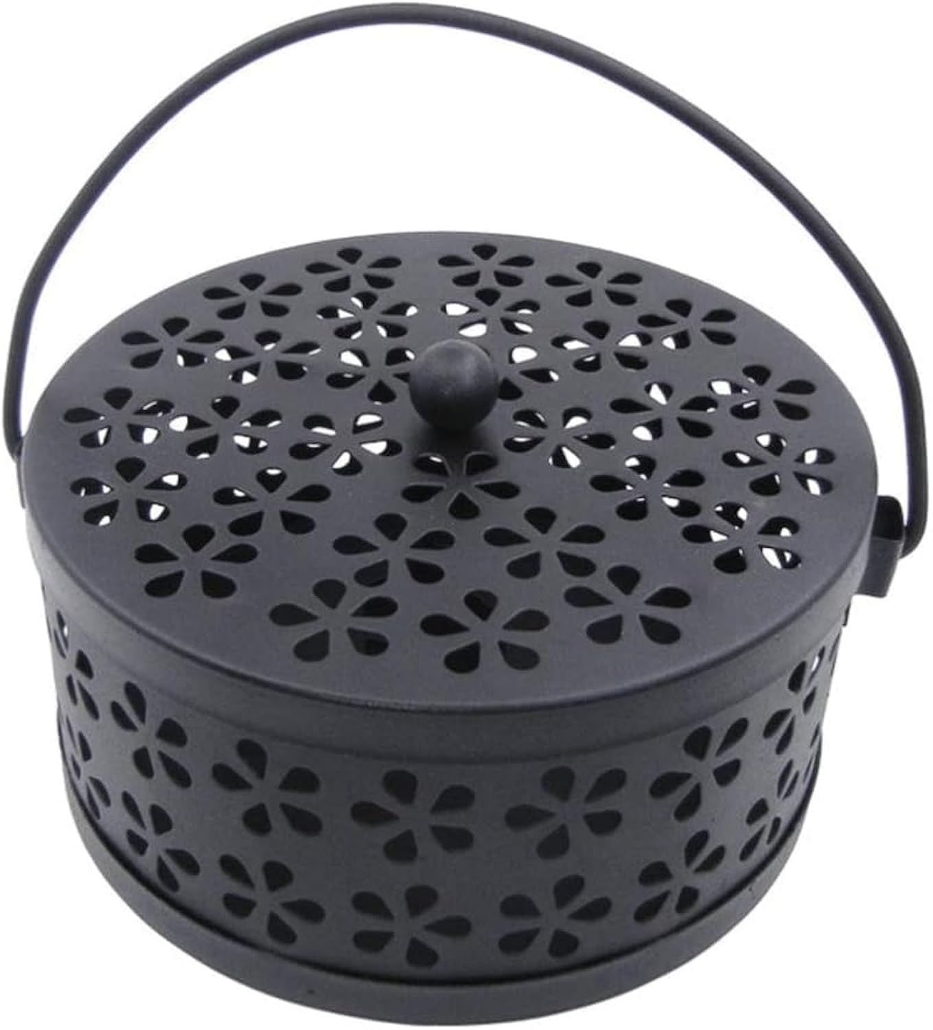 Retro Portable Mosquito Coil Holder with Handle Iron Fireproof Incense Burner for Home/Outdoor,15cm Diameter (Black)
