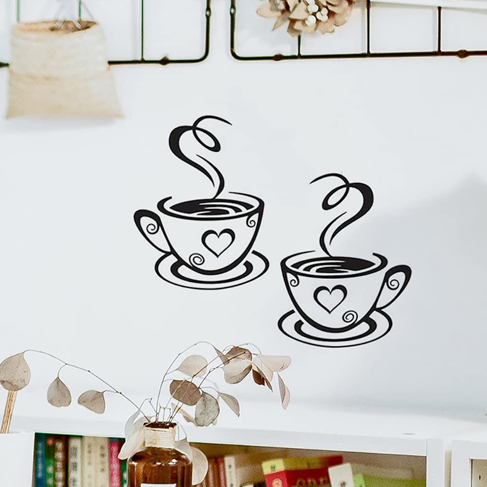 Coffee Time Wall Decals - Black Vinyl Kitchen Decor Stickers, Cafe Cups & Quote Art, Removable PVC