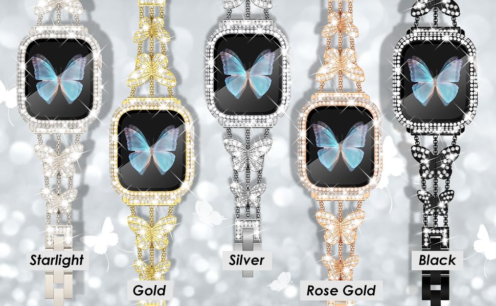 WINGLE Bling Band and Case for Apple Watch Band Women Series 11 10 42mm, Butterfly Diamond Metal Band Rhinestone Crystal Bracelet Jewelry Fancy Chain with Sparkle Screen Protector Case, 42 mm Black - image 9