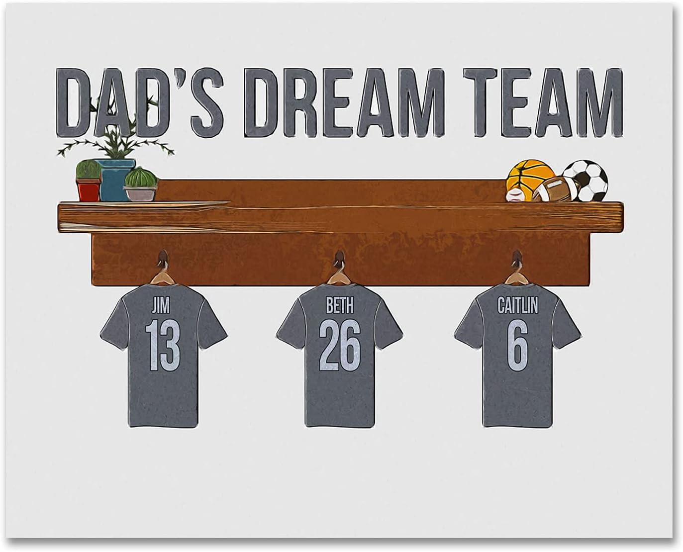 Personal-Prints DAD's Dream Team | Personalized Father's Day Gift from Children | Names on Jerseys in Locker Rooms (11"x14" Stretched Canvas, 4 Jerseys)