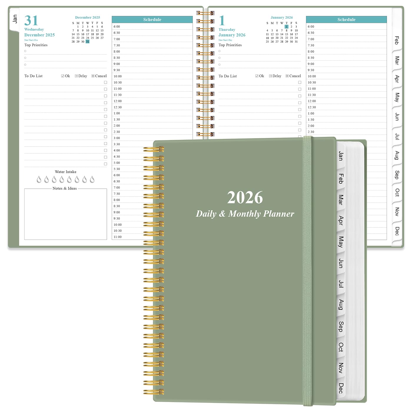 2026 Daily & Monthly Planner - One Page Per Day, Daily Planner from January 2026 - December 2026, Planner 2026 with 12 Monthly Tabs, 8.5" x 11", Green