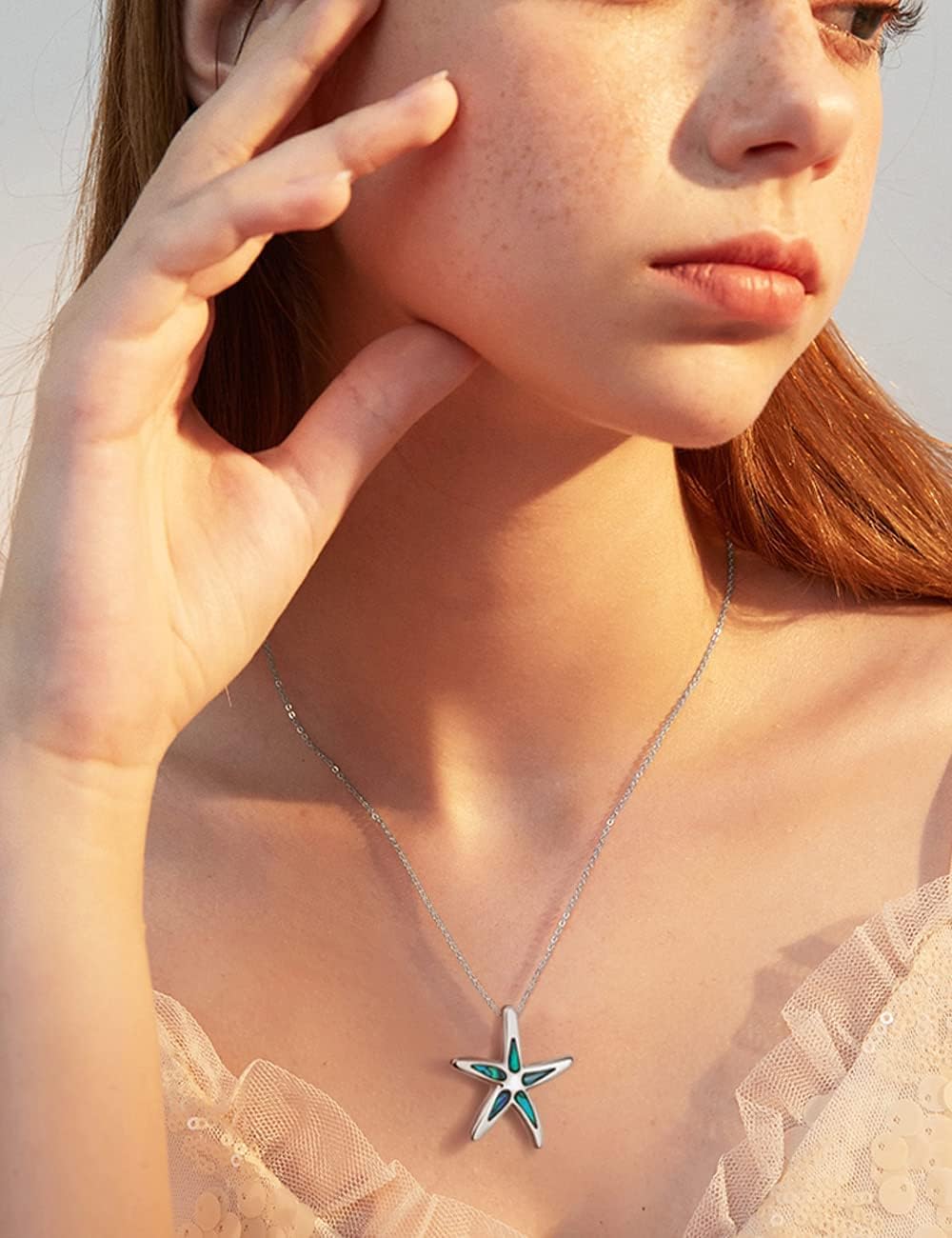 Lauren-Spencer Starfish Anklet Bracelet Necklace and Dangle Earrings for Women Girls with Abalone Shell Silver Ocean Beach Jewelry Set for Mothers Day,Birthday, Anniversary