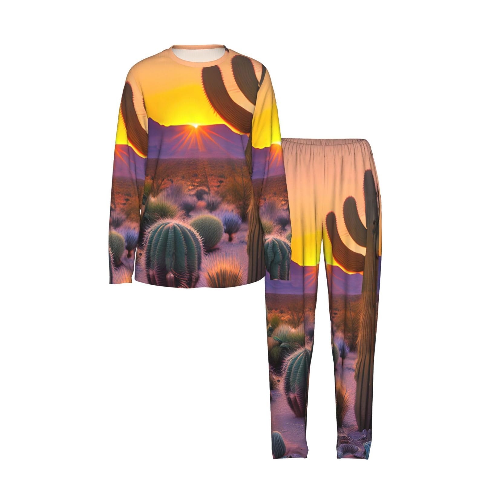 Pigiama da donna a maniche lunghe con stampa di cactus deserto tramonti morbido pigiama da spiaggia vacanza da notte regalo casual
