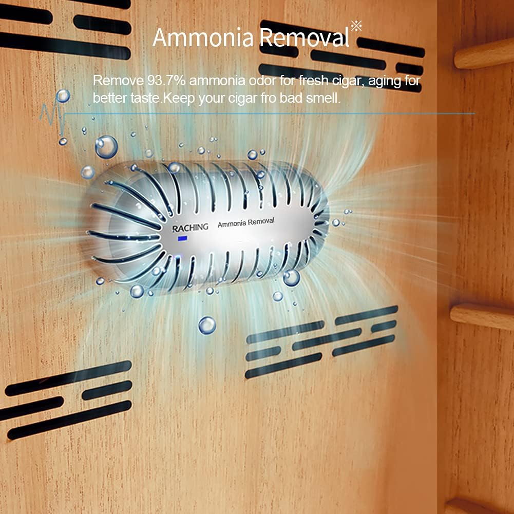 Internal view of the Raching humidor's ammonia removal system, showing a device emitting bubbles.
