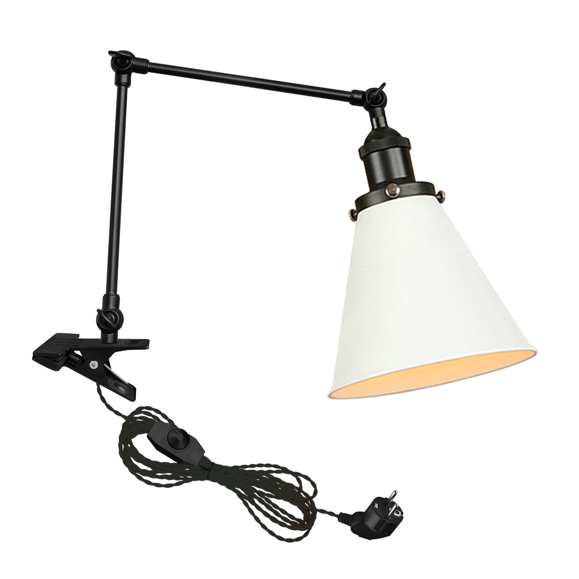 Industrial Klemmleuchte mit 2,5 Schalterkabel, Einstellbar Clip auf Schreibtisch Leselampe,Dimmbar Clamp Nachttischlampe mit Flexarm für Schreibtisch Nachttisch Regal- TD/0132B&W