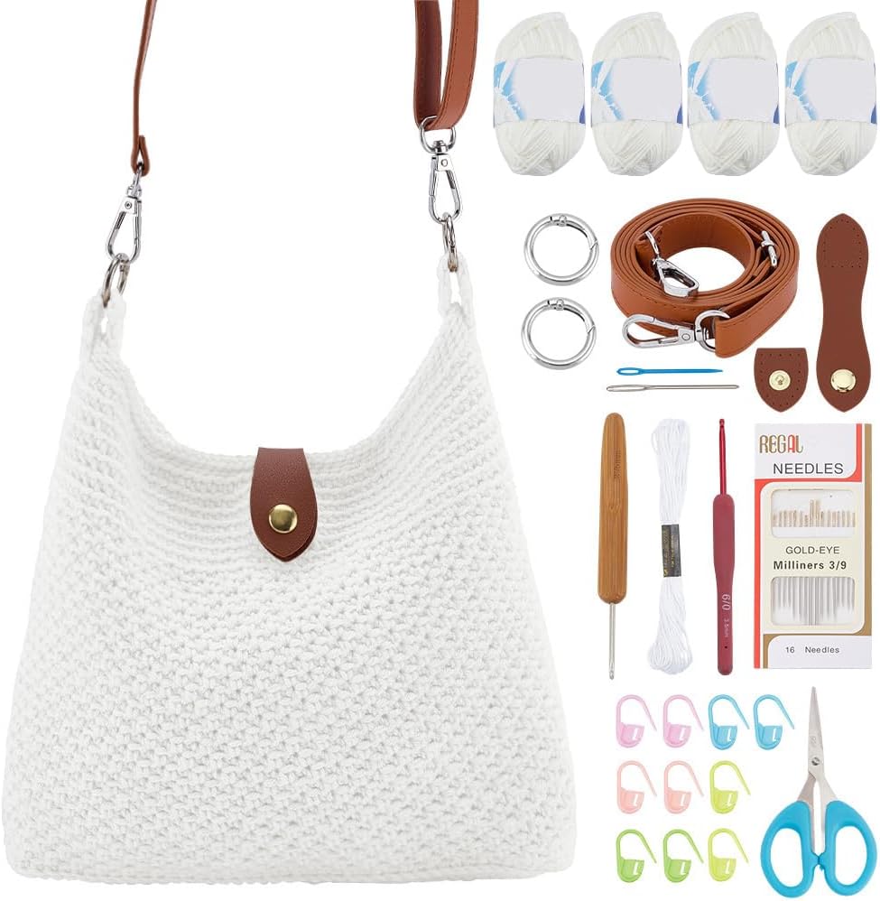 ACRNIGHEET Crochet Bag Kit for Beginners Crochet Purse for Women DIY Tote Bag Making Kit with Step-by-Step Tutorials Knitting Supplies for Adults Crafts Autumn Winter Boho Gift Idea (Beige)