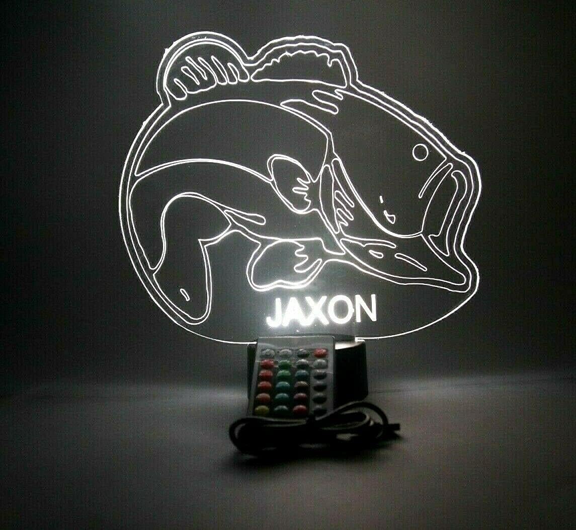 MIRROR MANIA Fish Sea Bass Gone Fishing Fisherman Night Light Up Lamp LED Personalized Engraved Desk Table Lamp, It's Wow, with Remote, 16 Color Options, Dimmer, Free Engraved, Great Gift