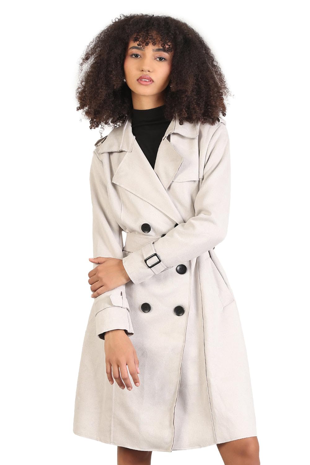 Women's Solid Grey Lapel Collar Longline Trench Coat with Fabric Belt-CHN-8811_Grey-image-22