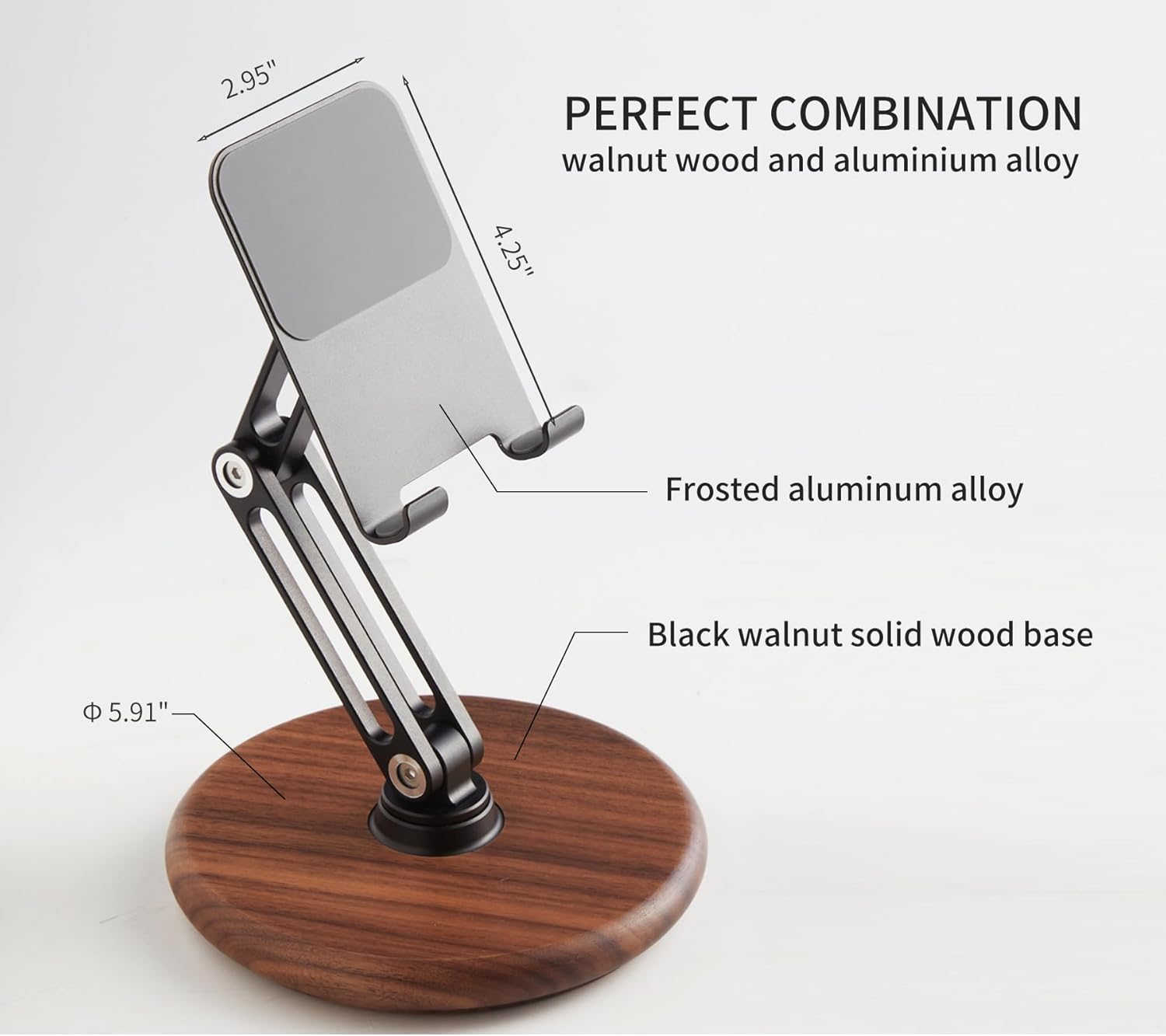 RENMTURE Phone Desk Stand, Adjustable Foldable Cell Phone Stand with 360° Rotation for iPhone 16 15 14 13 Pro ipad, Mobile Phones & Tablets Stable, Ergonomic Holder for Home Office, Walnut Wood Base