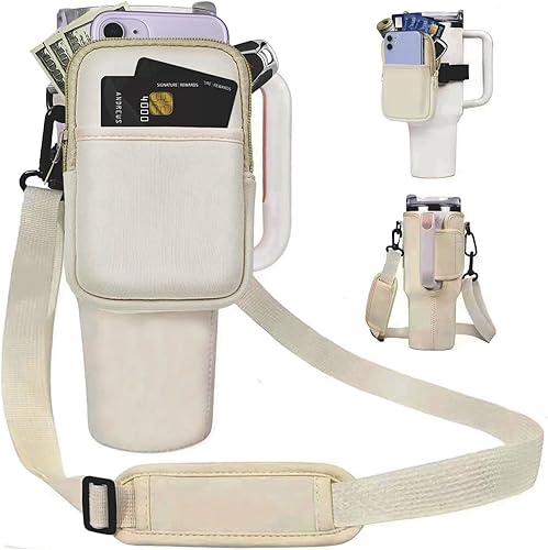 Bolsa de transporte para botella de agua con bolsillo para vaso Stanley Cup de 40 onzas, soporte de neopreno para botella de agua con correa