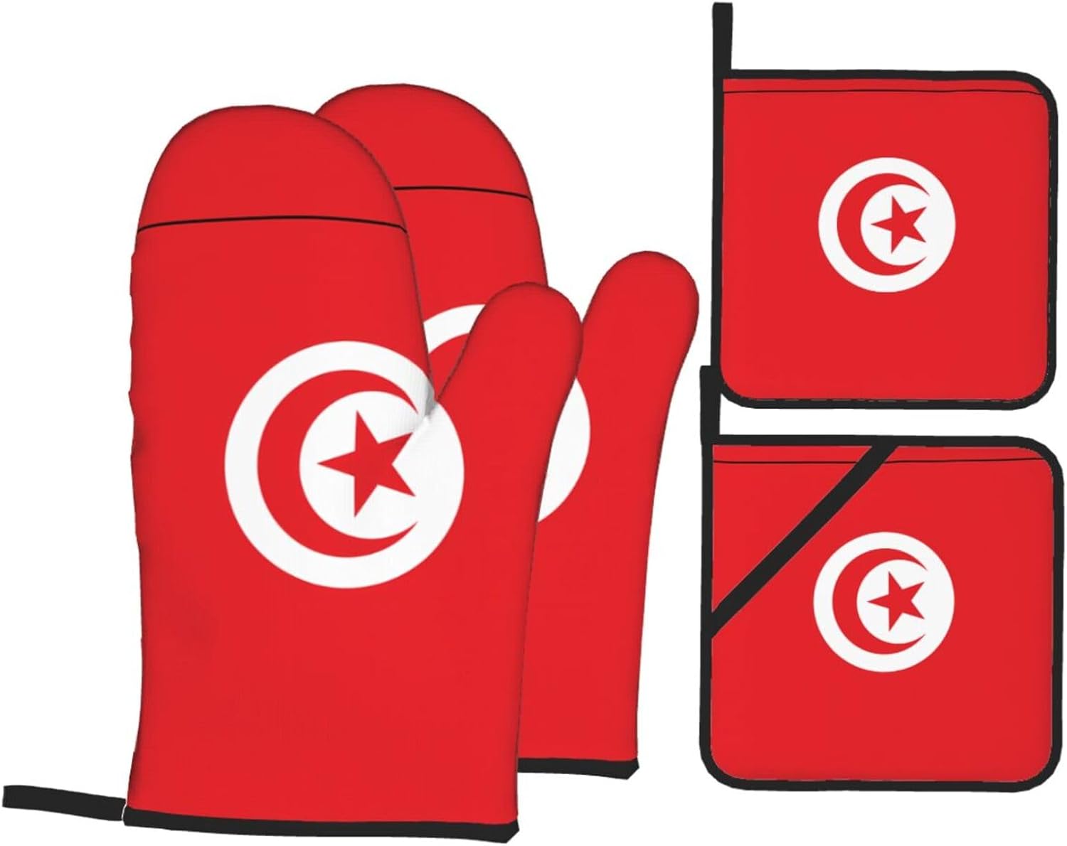 Tunisian flag Oven gloves and heat-resistant mat 4-piece set. Suitable for grilling, microwave oven frying, and baking