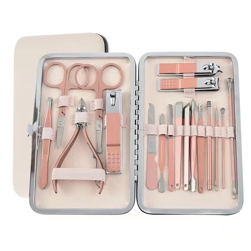 Nagelknipser-Set, 18-in-1, Edelstahl, Nagel-Maniküre-Set, Nagelpflege-Set, Maniküre-Set, Damen- und Herren-Pflegeset, Pink Gold