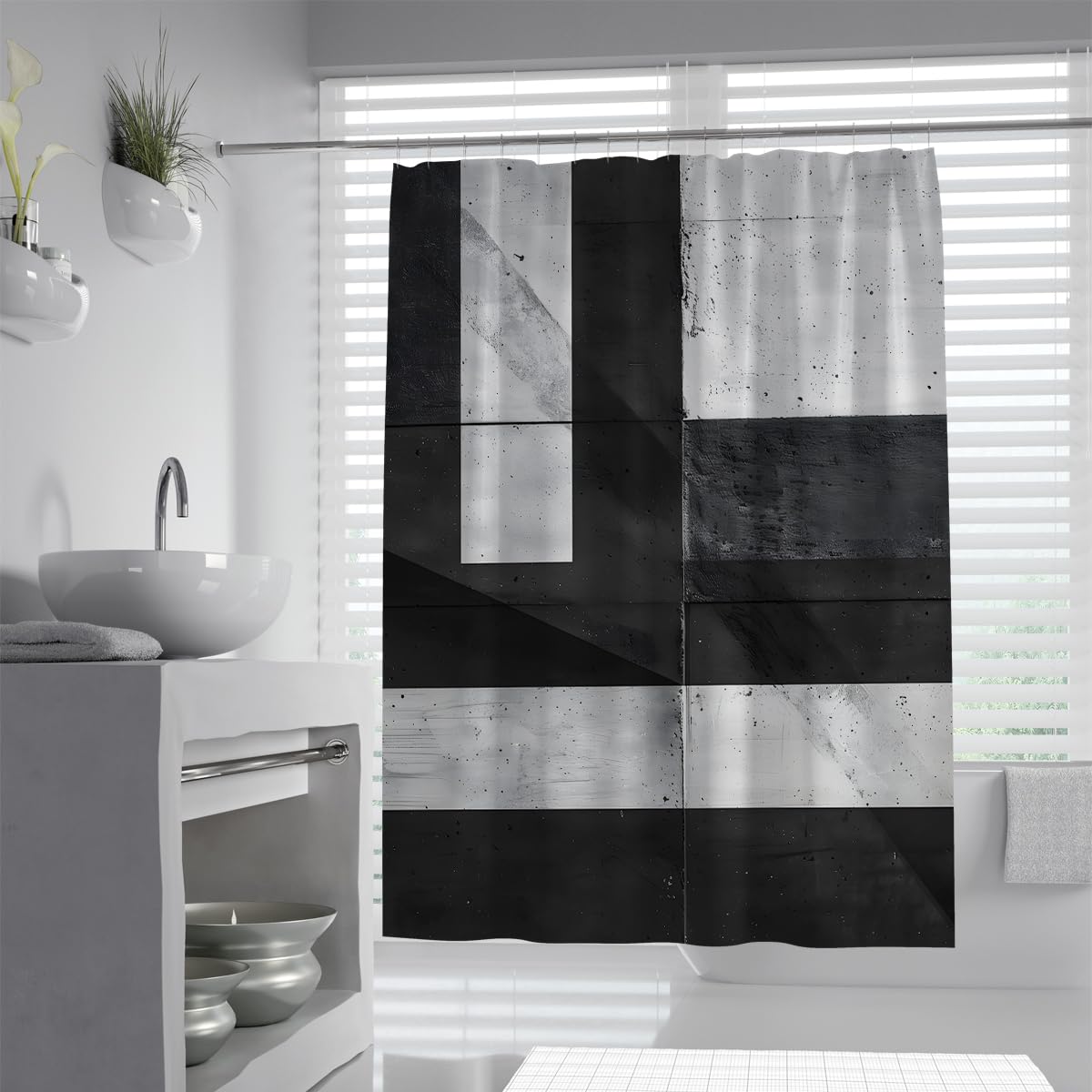 UIRINGART Modern Industrial Bath Drapery W180xL200cm Black White Block Abstract Texture Fabric Shower Curtains with Hooks Water Repellent Anti Mould Washable Polyester Gym Decor
