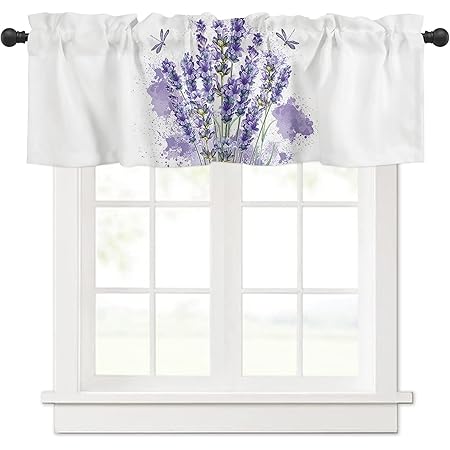 Amazon カフェカーテン おしゃれ 紫の花 ラベンダー トンボ 白い背景 遮像 Uvカット お風呂 小窓 出入り口 短い カーテン 間仕切り目隠し 半窓カーテン キッチン ボーダー 洗面所 居間 喫茶店 1枚 幅137cm X 丈45cm カフェカーテン オンライン通販
