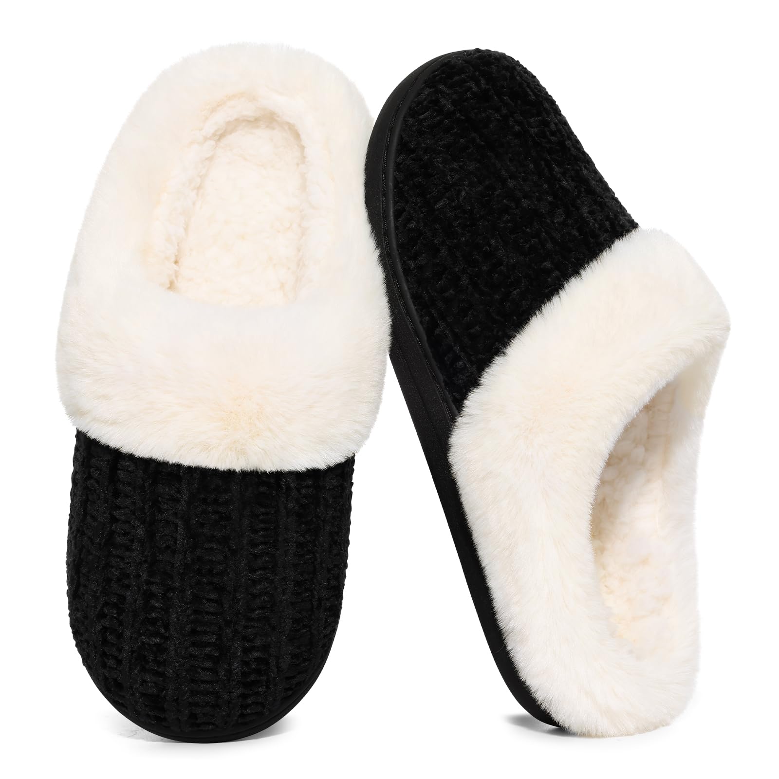 Evshine Warm Knit House Slippers for Women Comfy Fleece Lined Chenille Slippers with Memory Foam and Indoor Outdoor Soles