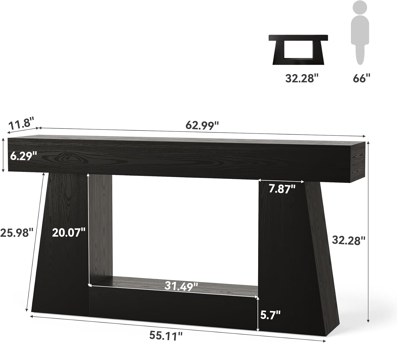 LITTLE TREE 63" Farmhouse Console Table with Storage, Rustic Sofa Table for Entryway, Narrow Long Sofa Table Behind Couch, Console Table for Living Room, Hallway—Versatile Storage Solution, Black