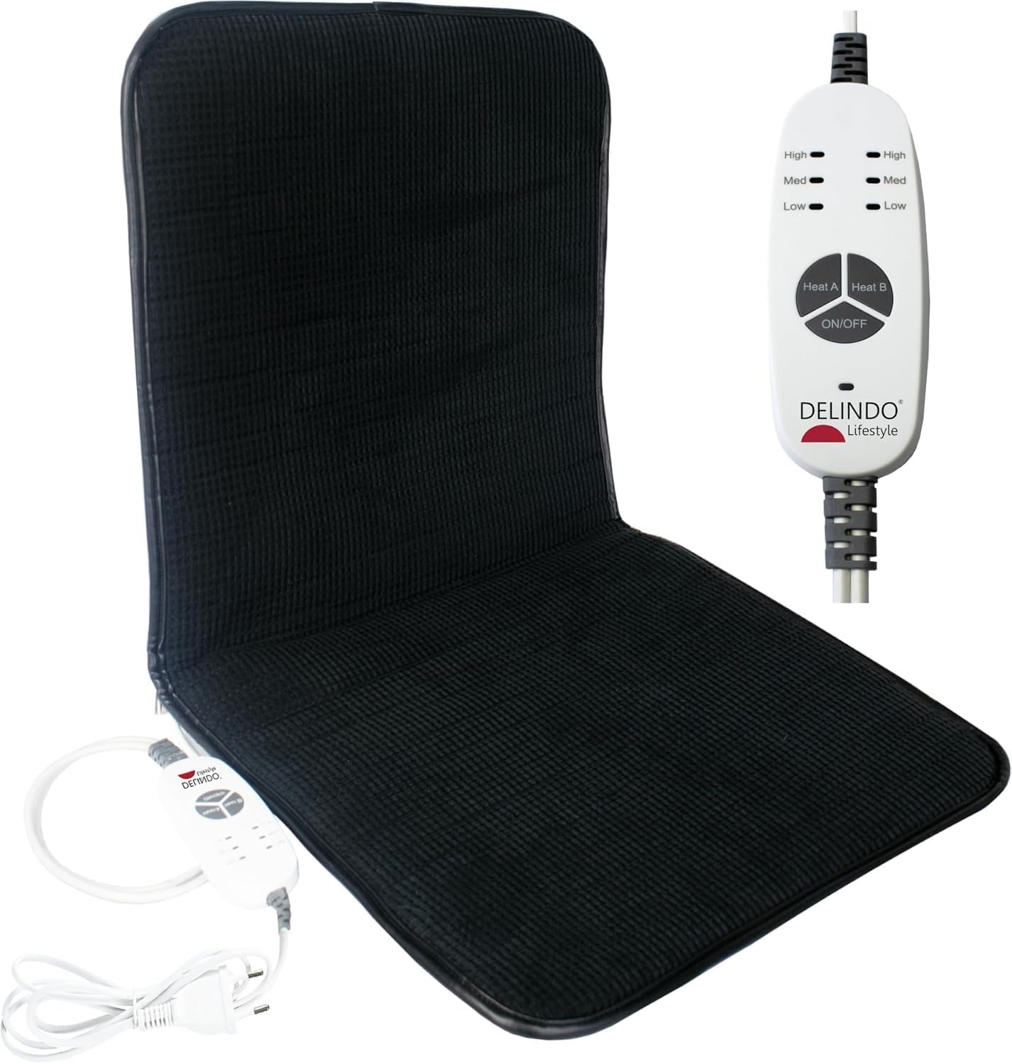 Delindo Lifestyle Sedia da ufficio riscaldabile, 43 x 94 cm, cuscino per seduta e schienale con 3 livelli di temperatura, 2 zone di riscaldamento, colore nero