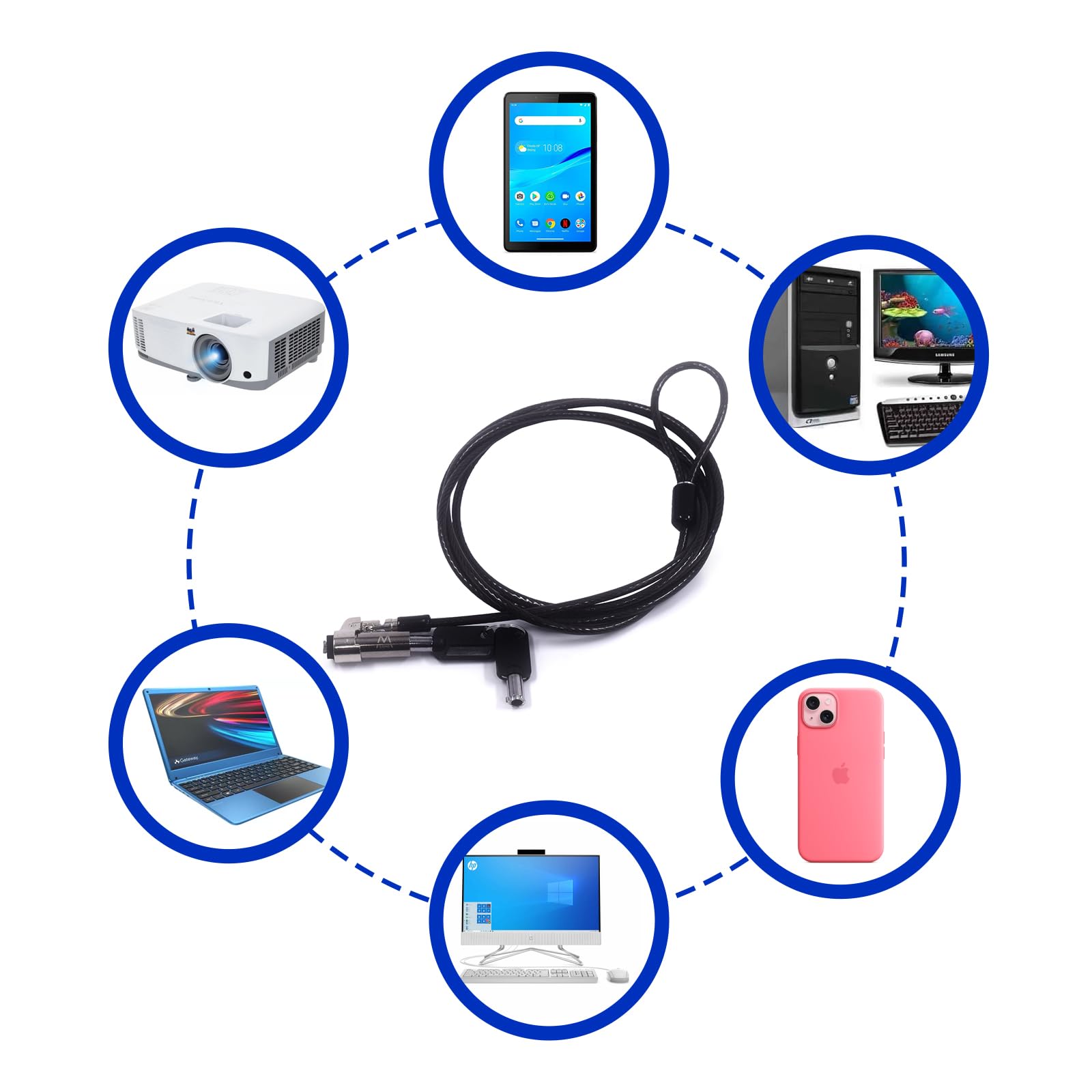 Ewent Kłódka do laptopa z kluczem NanoSaver, kabel zabezpieczający do laptopów, tabletów i smartfonów, z gniazdem nano, technologią blokady i odpornym na przecięcie, kablem ze stali węglowej, kabel
