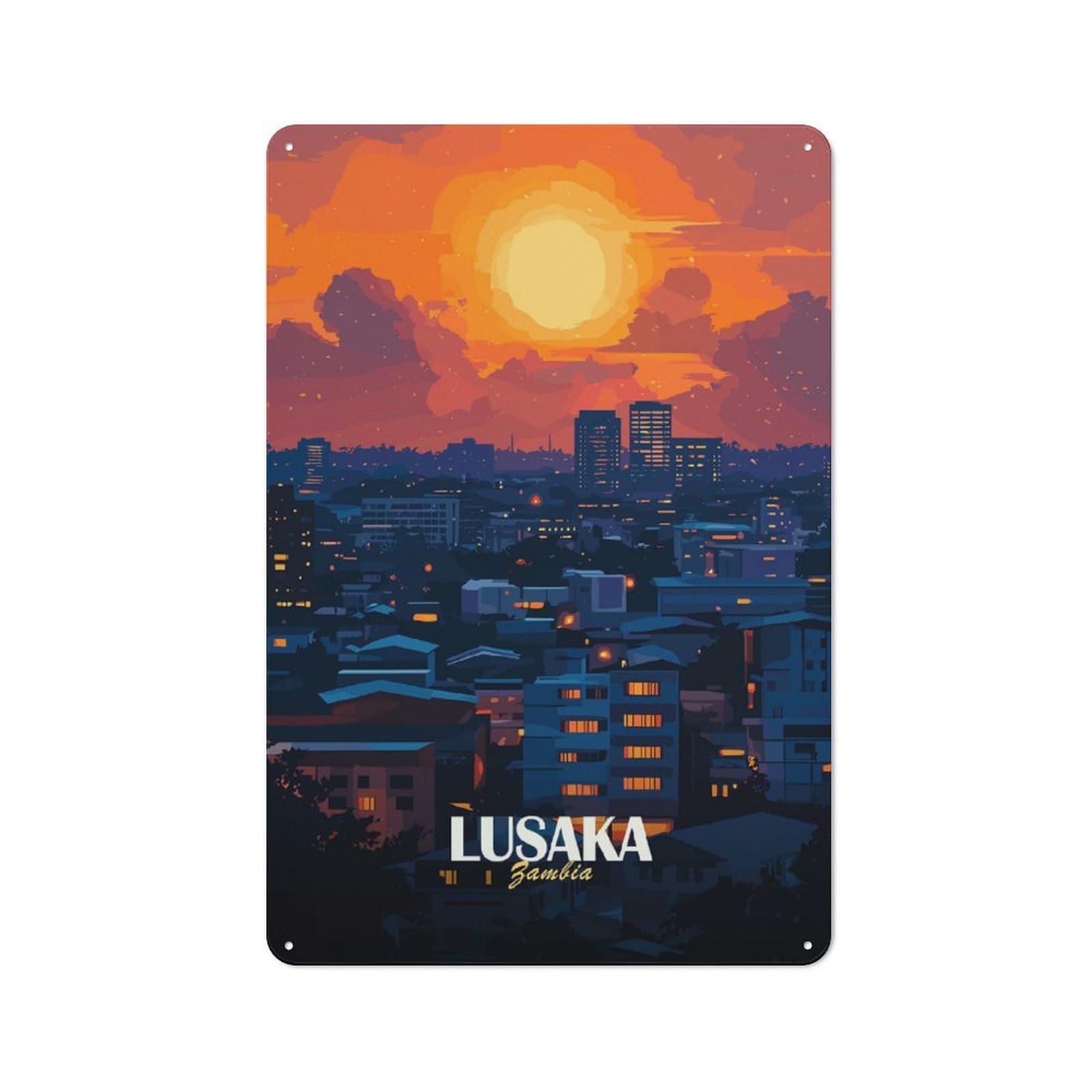 Junmoney Style-16 Tin Wall Plaque 30X20cm With Lusaka Zambia Cityscape At Sunset For Guest Room Or Hallway, For Updating Guest Room And Hallway After Moving
