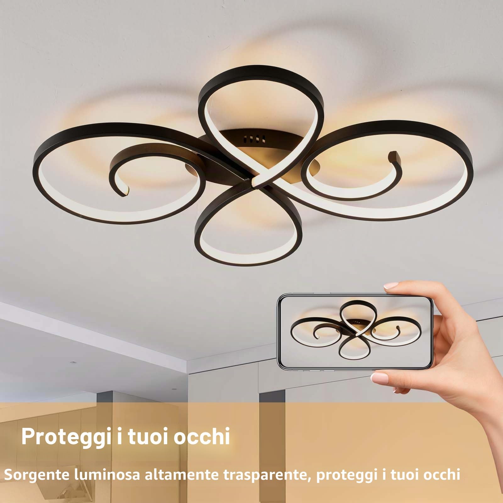 Intelligente Plafoniera Dimmerabile Lampadario,Funzione Di Memoria con Elevata Resa Cromatica Senza Sfarfallio e Luce Notturna Moderno Ceiling Light,per Soggiorno e Camera Da Letto,Nero