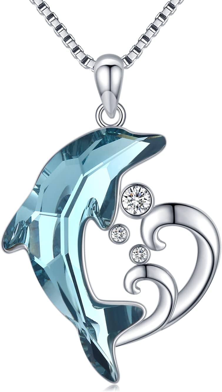 TwoAnts Sterling Silver Dolphin Pendant Necklace with Blue Crystal Dolphin Beach Themed Ocean Wave Jewelry for Women or Daughter's Birthday
