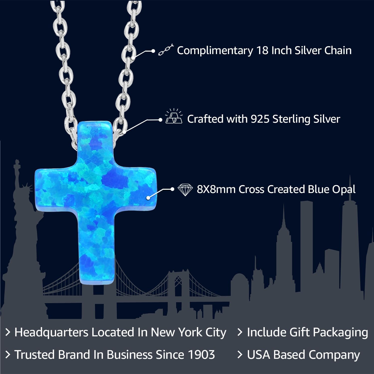 Gem Stone King 8MM Created Blue Opal Cross Pendant Necklace | Unisex | 925 Sterling Silver | With 18 Inch Silver Chain - Image 2