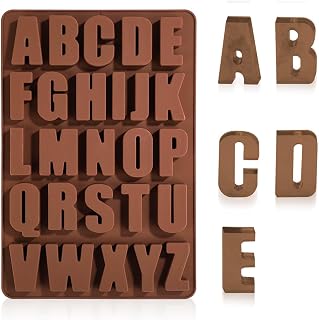 26 Cavities Alphabet Mold, 10.63x7.09 Inch Silicone Letter Stencils Mould for Making Chocolate Biscuit Cake Baking Dessert Gummy Fondant Clay Resin Jello Crayon (Brown)