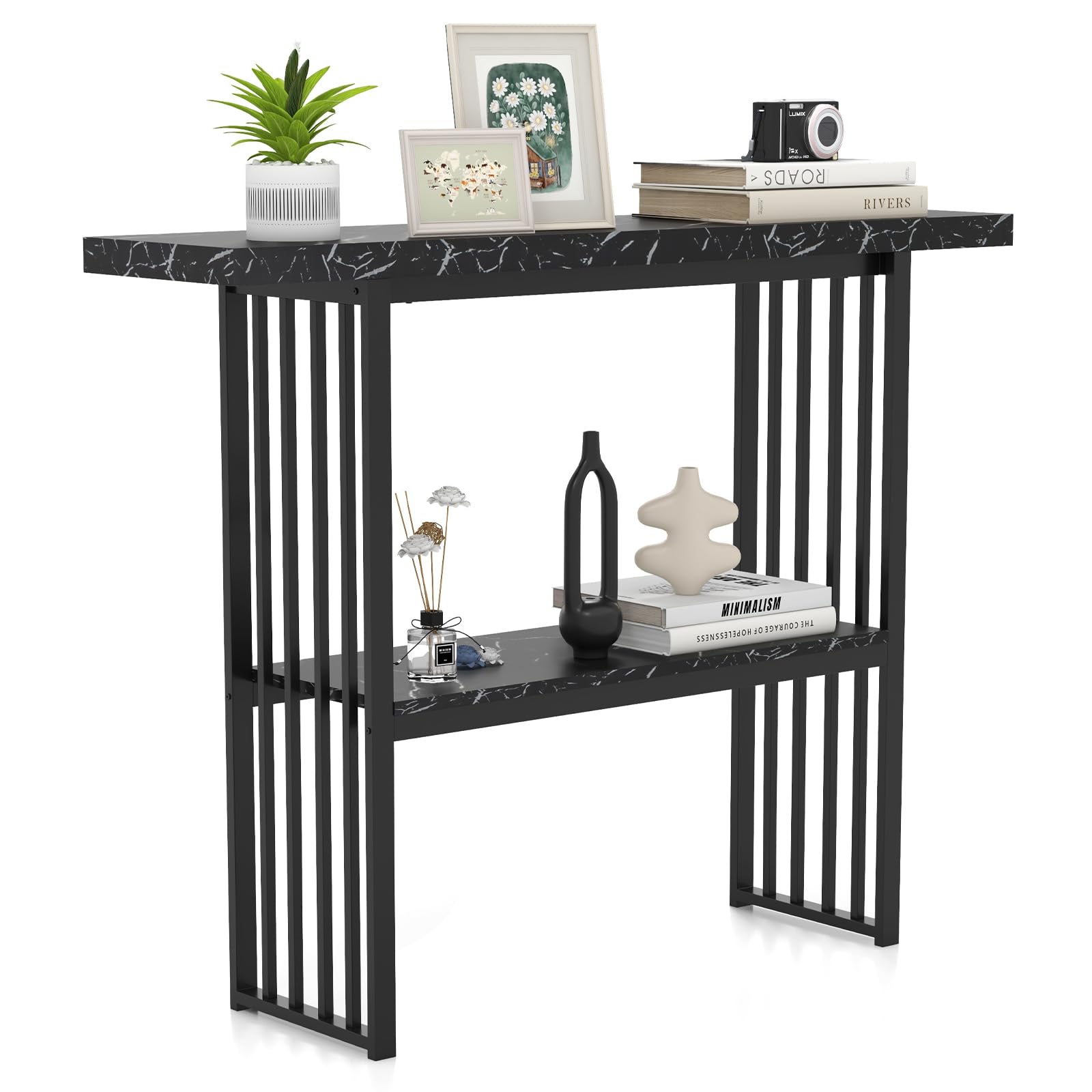 COSTWAY 2-Tier Console Table, Modern Faux Marble Narrow Hall Desk Sofa Side Table, 120cm Long Slim Display Accent Table for Entryway, Living Room, Bedroom and Foyer (Black)